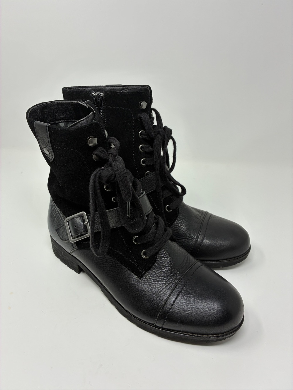Abeo women’s Black Lace-Up Buckle Combat Boots Genuine Leather and Suede 8.5